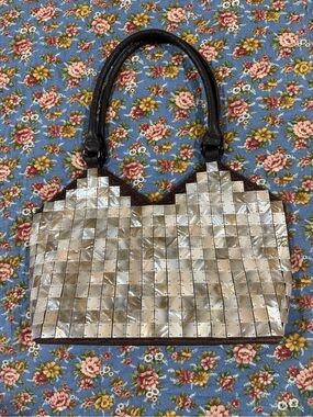 Vintage Mother of Pearl Shell Tile Shoulder Bag Mad Brown